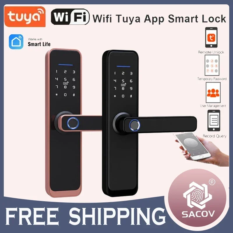 Biometric Smart Door Lock Fingerprint Electronic Digital Black Keyless Lock with Tuya App Unlocking smart lock with wifi