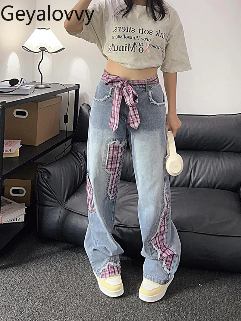 

Sweet Bow Strap Splicing Jeans Women's Trousers 2025 Spring and Autumn New Hip Covering Thin Denim Mopping Pants Female Bottoms