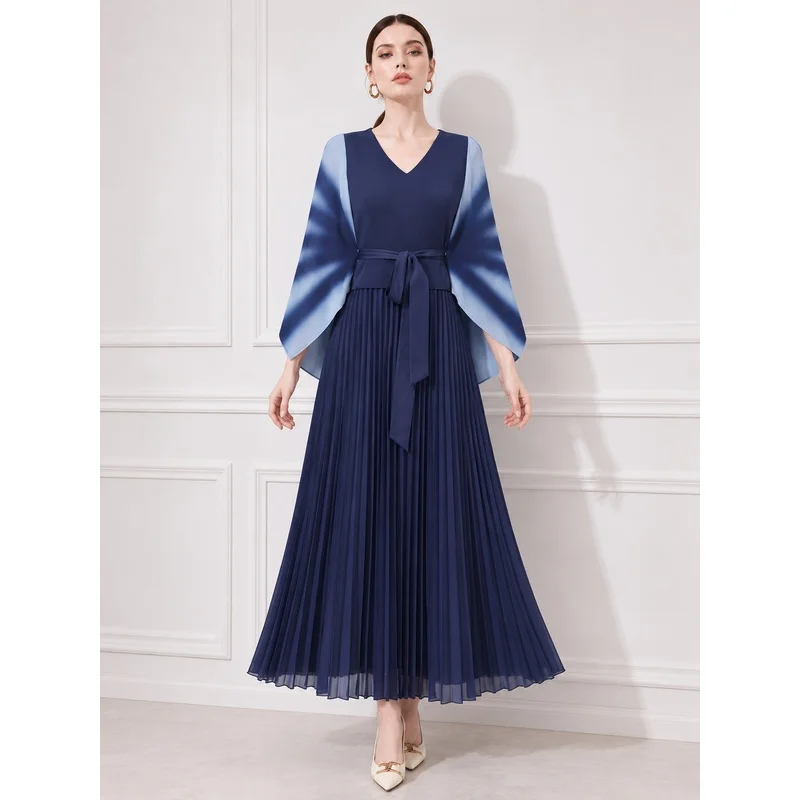 Miyake Pleated Long Gown V Gradient Color Blocked Wide Sleeved Dress Lace Up Flared Plus Size Stretchy Birthday Party Dresses