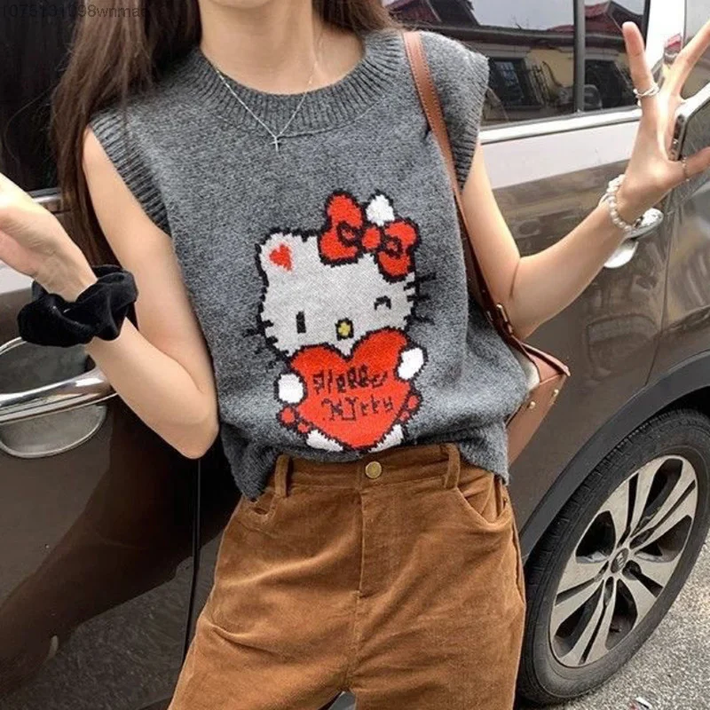 Sanrio Hello Kitty Knitted Vests Women\'s Korean Style Cute Cartoon Tops for Women Sweet Casual Knitwear Pullovers Clothes