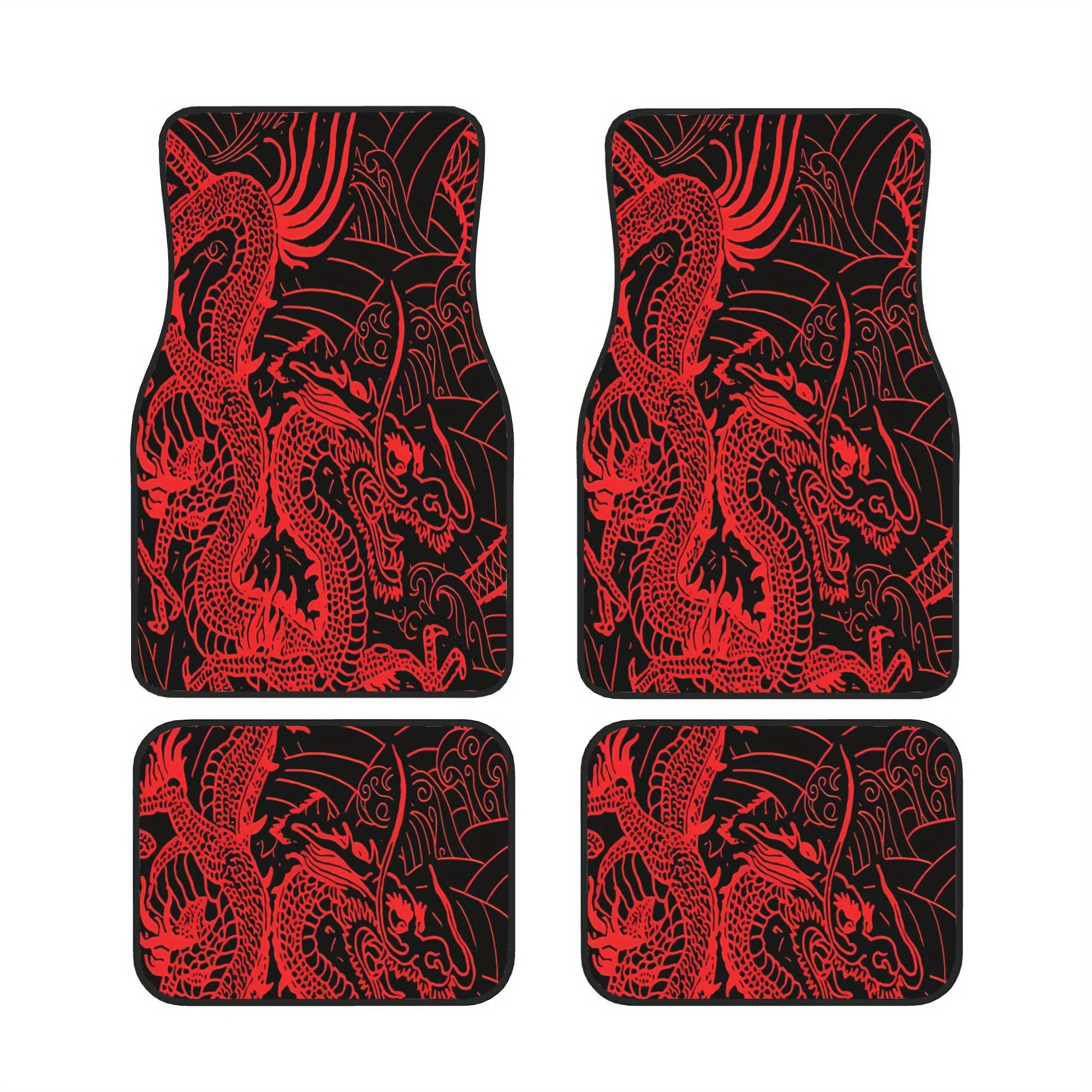 Chinese Red Dragon Pattern Black Background Innovative Universal Car Mats Set Of Four Fits Front And Rear Footwells Ideal For Ke