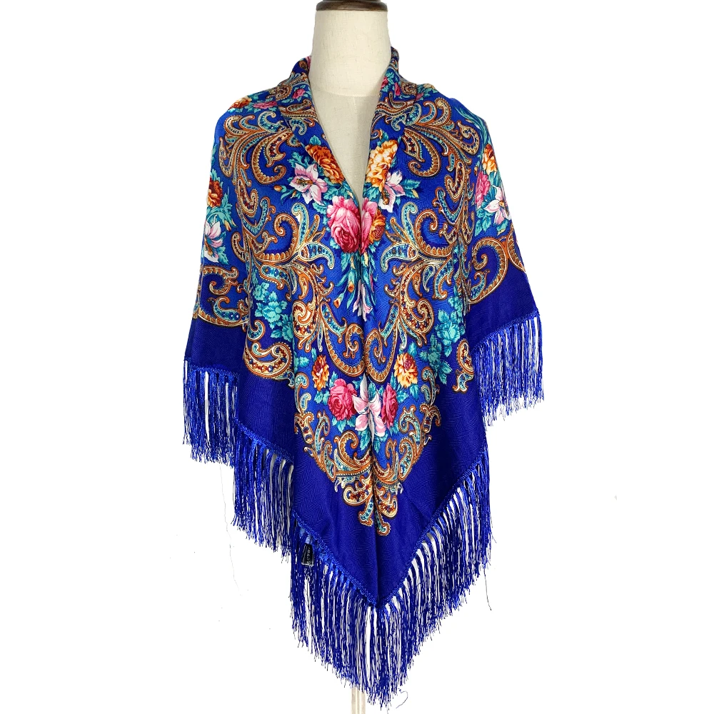 135*135 Russian National Square Scarf Women Luxury Floral Print Fringed Ukrainian Shawl Babushka Handkerchief Head Wraps