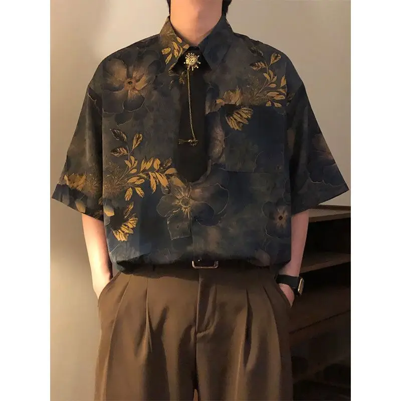 Summer Men Floral Vintage Short Sleeve Shirt With Tie 70s Fashion Casual Retro Business Classic Loose Blouse Clothing Navy Blue