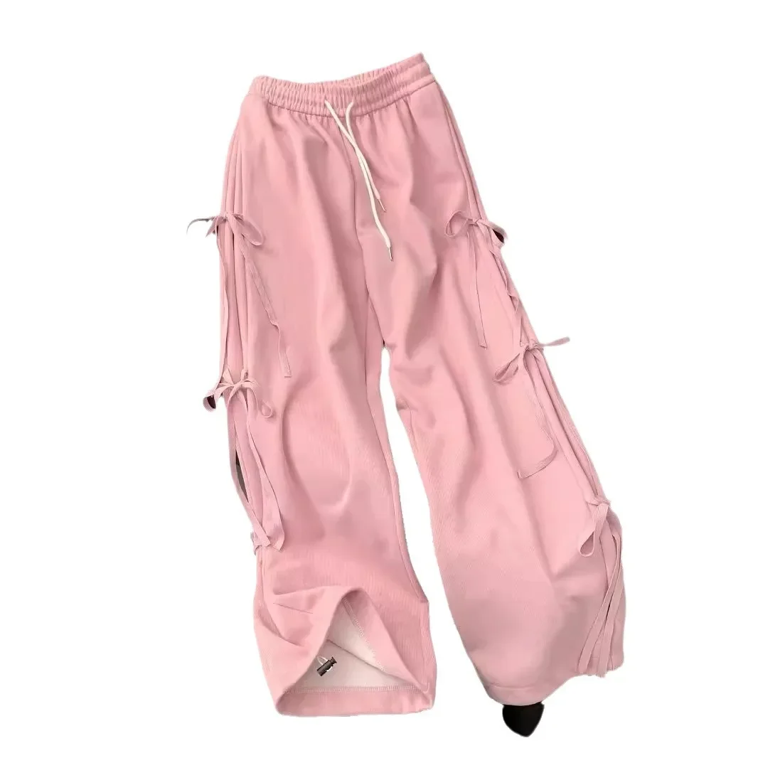 Trendy American Y2K Bow Knot High Waist Pink Sports Pants Spring and Summer Women Casual Slim Lazy Lancet Grey Wide-leg Pants