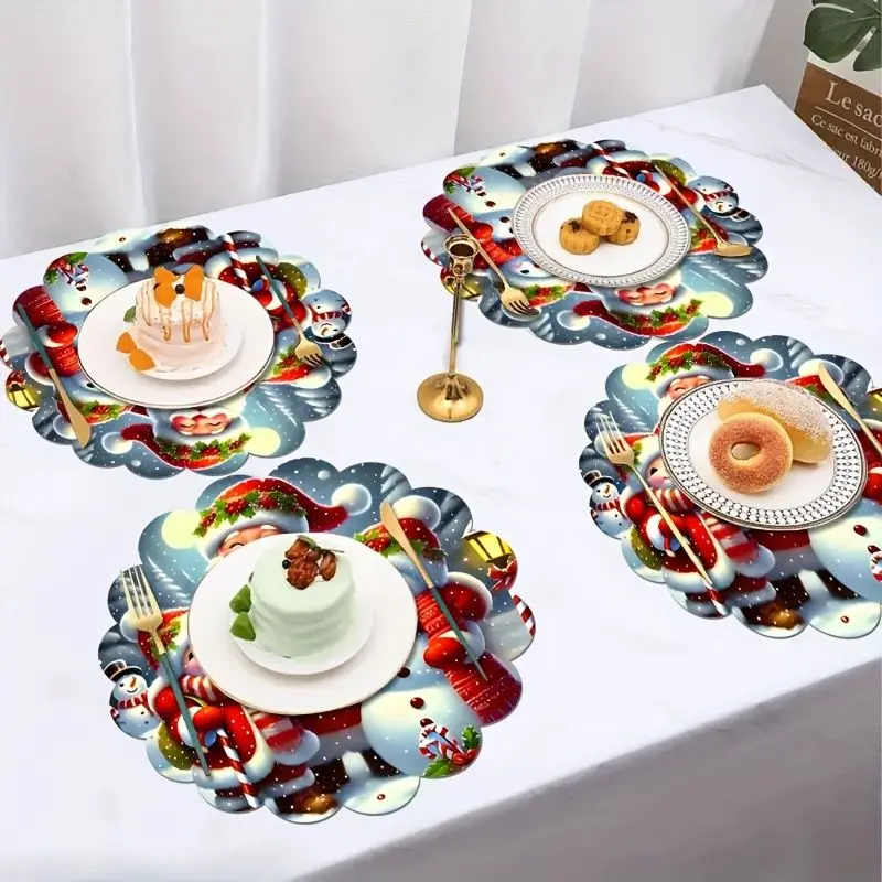 VIKAMA Kids Christmas Santa Snowman Placemat Scalloped Edge Cartoon Hat Scarf Candy Cane Snowflake Winter Dining Table Mat Fun