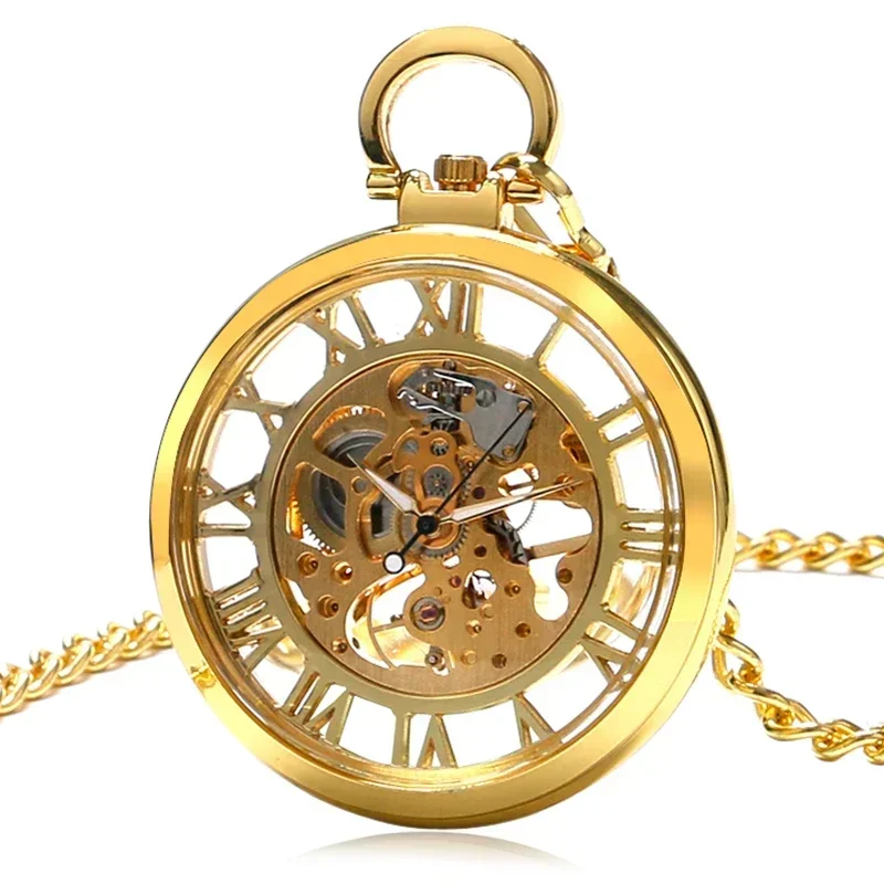 

Elegant Pocket Watch Gold FOB Chain Pendant Men Antique Style Analog Watches Skeleton Women Mechanical Modern Best Gift P1039C