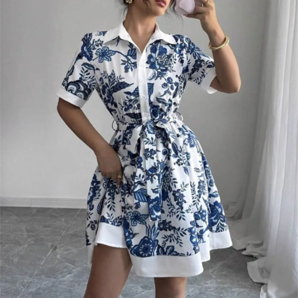 

Single Breasted Short Dress New Summer Simple Fashionable Waist Cinching Printed Strap Short Sleeved Dress For Women