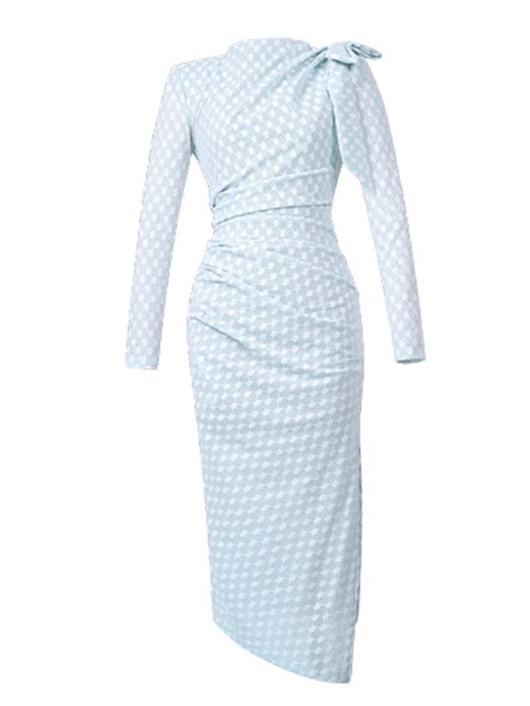 블루 플로럴 플래드 보우 롱 슬리브 슬림 펜슬 드레스 스윗 패션 여성 우아한 레이디 파티 프롬 베스티도스 로브 봄 가을 신상