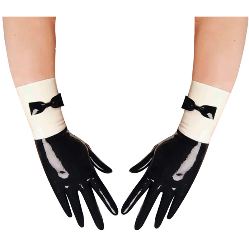 

Black And White Sexy Short Mini Latex Gloves With Bows Rubber Mittens ST-0149