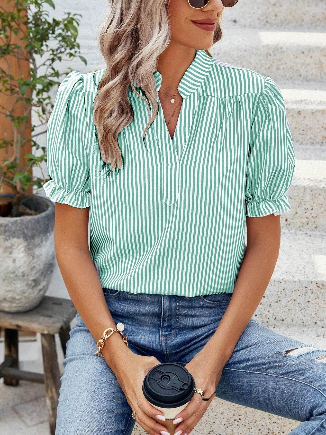 

Women's Notched Collar Striped Short Sleeve Blouse For Summer