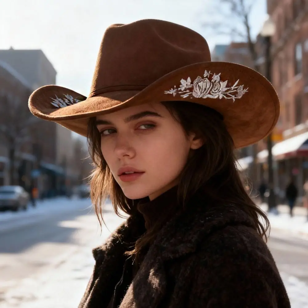 Topi Felt Berpinggiran Lebar dengan Bordir untuk Acara Formal, Dekorasi Bunga Bordir, Topi Wol, Topi Jazz, Topi Pertunjukan