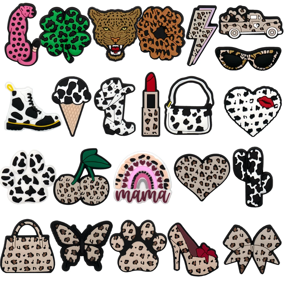 1/23PCS Leopard Print Style Shoe Charms Cute Flower Lipstick Heart Women Shoe Accessories Pin for Clog Sneaker Sandal Buckle