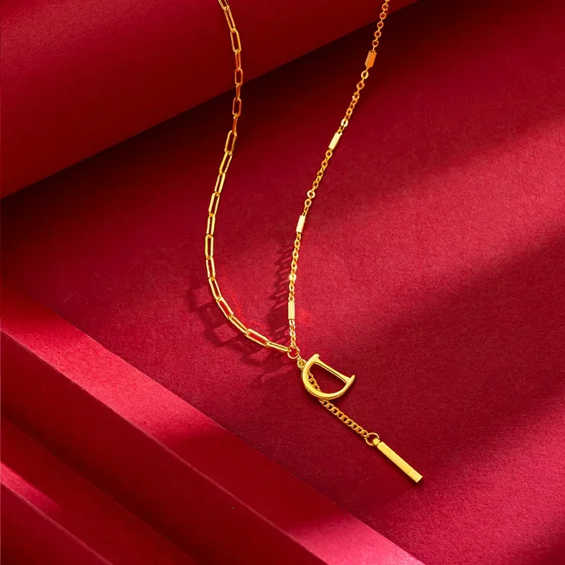 

9999 Real Gold 24K Niche ins Style English Letter D Necklace Gold Premium Splicing Letter D Clavicle Necklace Female