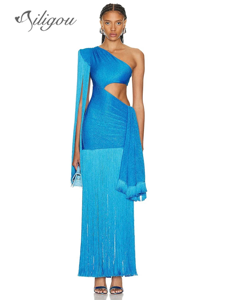 

Ailigou 2024 New Women's Blue Sexy Hollow One Shoulder Tassel One Shoulder Long Bandage Dress Elegant Celebrity Party Dress