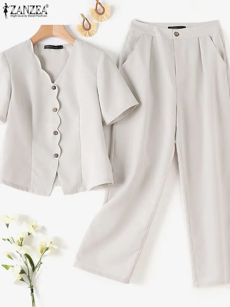 Modne damskie garnitur w jednolitym kolorze z krótkim rękawem koszulka z dekoltem v długie spodnie 2 szt. Letnie eleganckie pasujące zestawy robocze