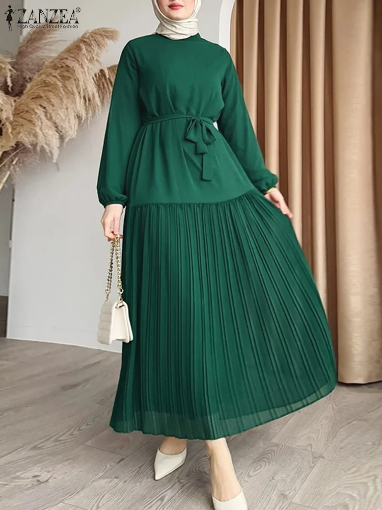 ZANZEA Women Autumn Patchwork Maxi Dress 2025 Elegant Long Sleeve Pleated Sundress Robe Femme Eid Mubarek Muslim Abaya Dresses