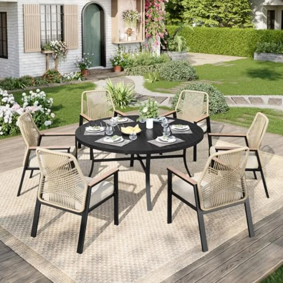 Patio Round Table w/Umbrella Hole, Metal Table for 6, Black Rust-Resistant Powder-Coated Finish, Sturdy Steel Construction, All