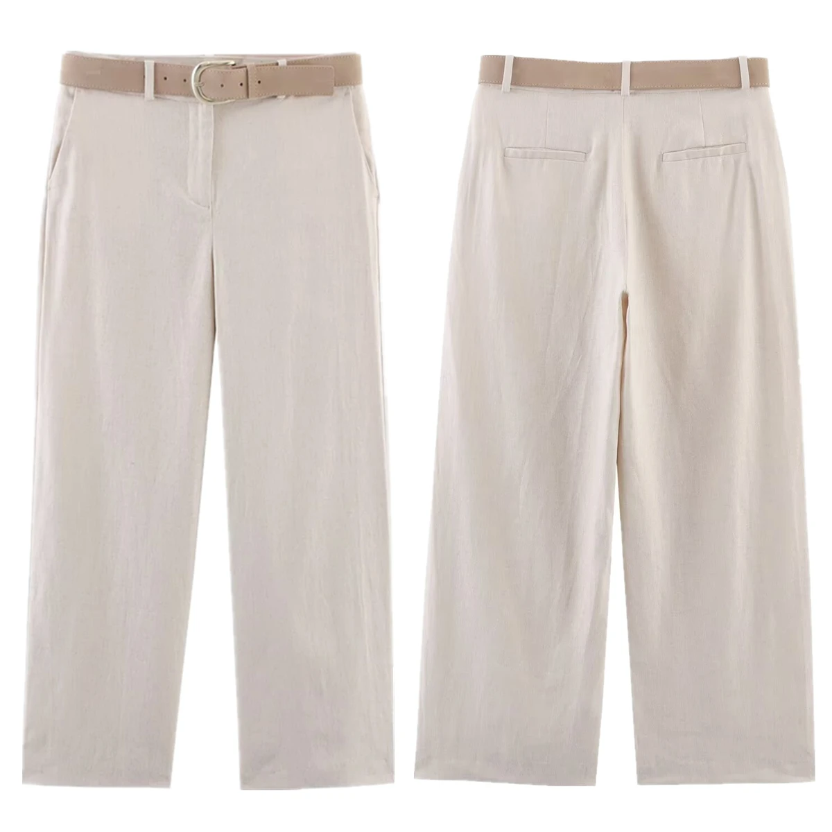

Dave&Di Summer Cropped Pants Minimalist Cotton And Linen Texture Straight Casual Pants Women High Waist Trousers With Belt