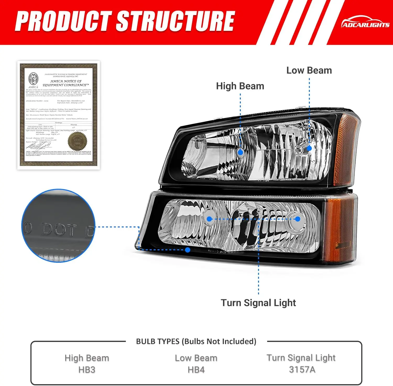 Headlight Assembly Compatible with 2003-2007 Chevy Silverado / 2002-2006 Chevy Avalanche with Bumper Lamp Balck Housing Amber Re