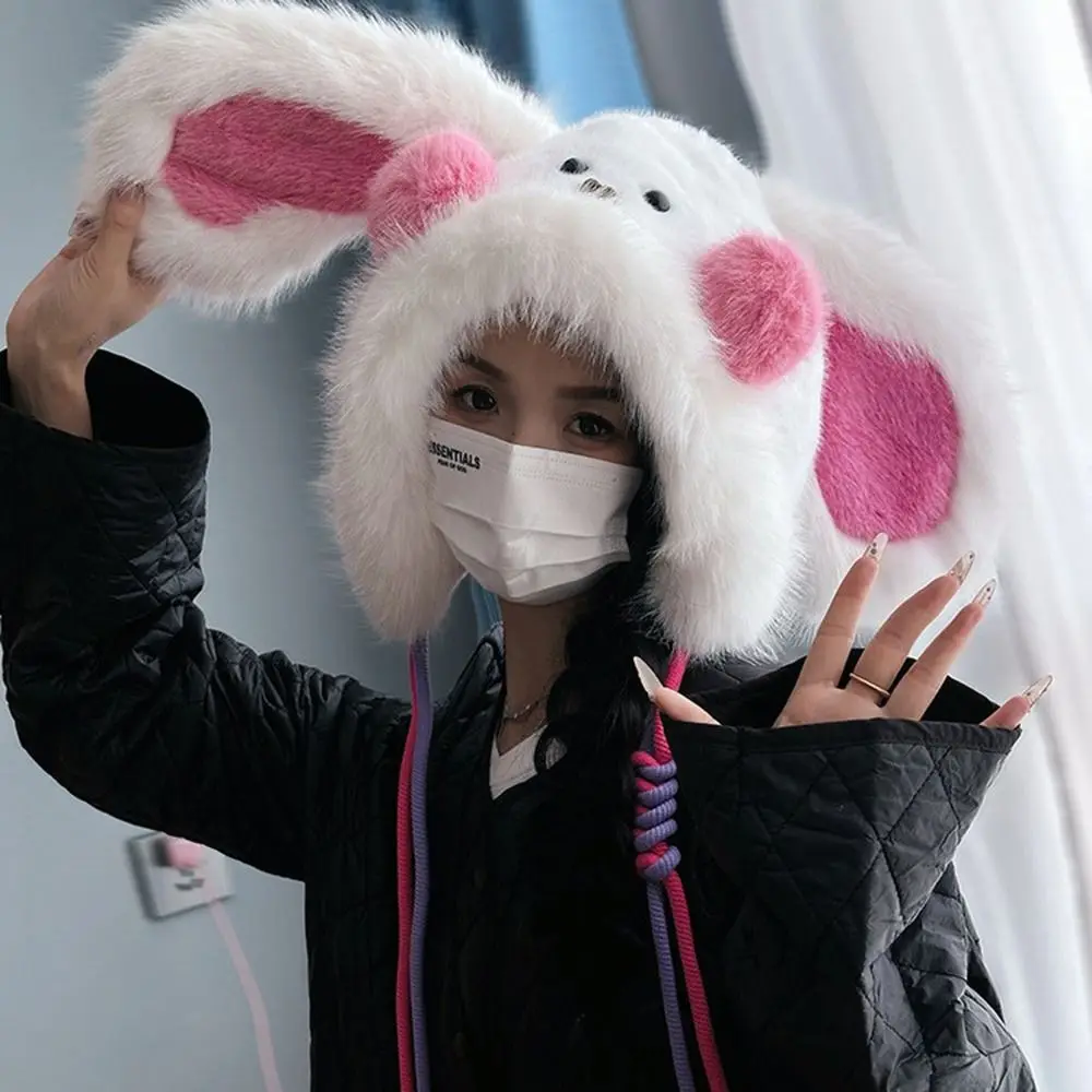 หมวกไหมพรมกันลมลายกระต่ายสีชมพูอ่อน น่ารักสำหรับฤดูหนาว  แบบหนา ให้ความอบอุ่น ป้องกันหู เหมาะสำหรับกิจกรรมกลางแจ้ง