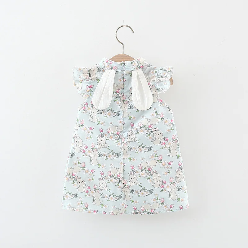 

Autumn Girl Party Costume Chinese Style Cheongsam Cute Bunny Flower Print Fly Sleeve Dress Baby Girl Dress 0-2 Years