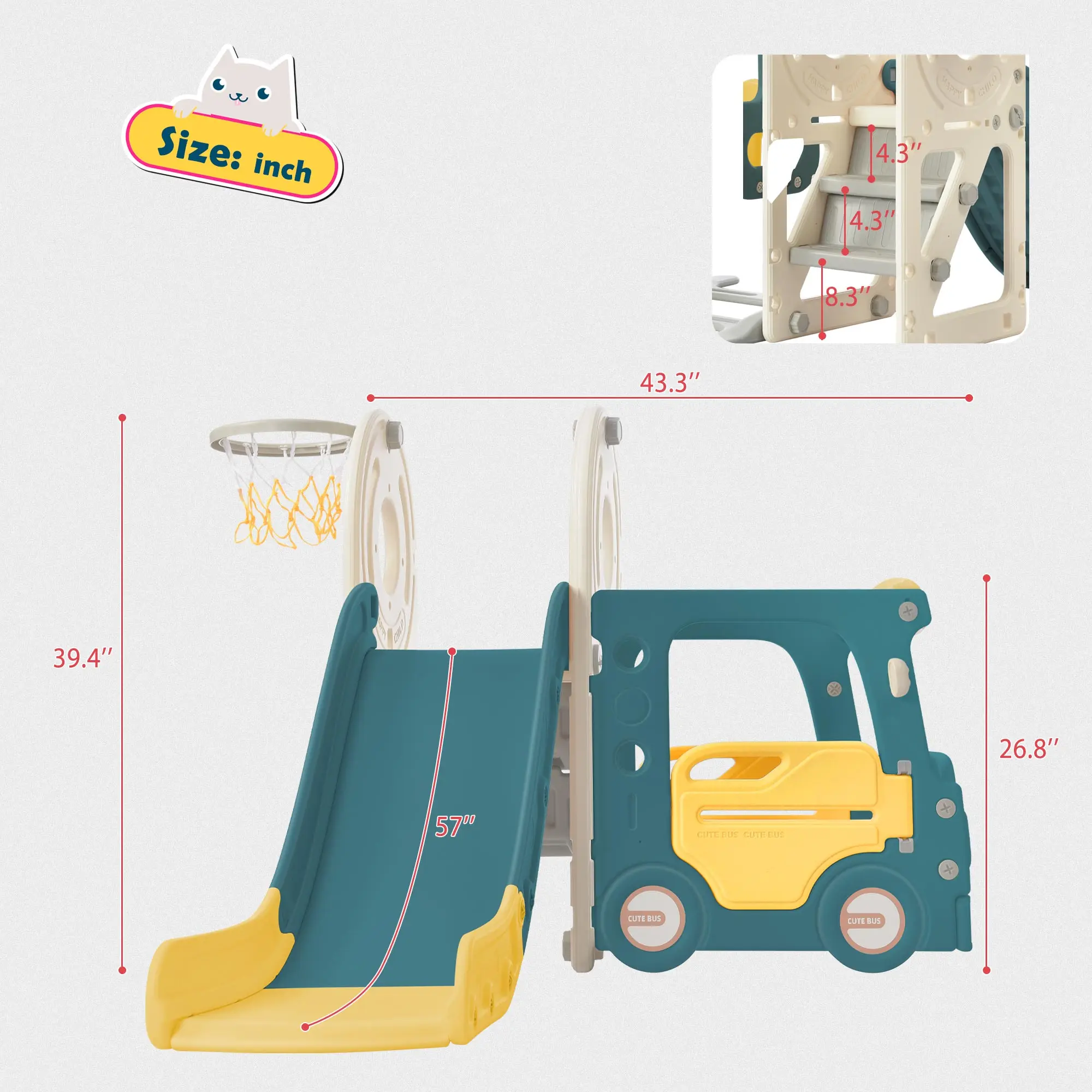 Slide com estrutura de ônibus para crianças, brinquedo autônomo, conjunto de slides com aro de basquete para crianças