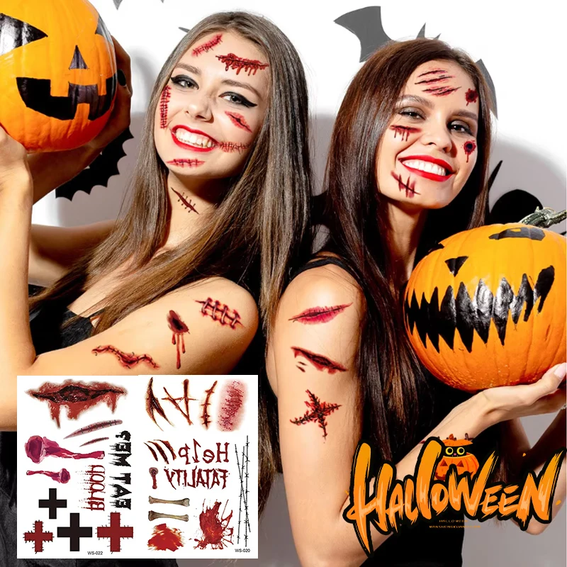 Special Effects Horror Tattoo Kit Realistic Wounds Stitches Scabs Waterproof Fake Injury Stickers for Halloween Prank Cosplay