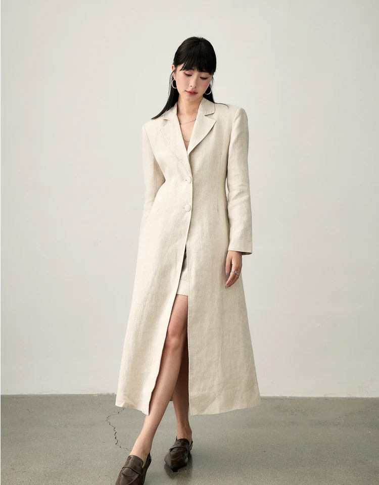 New Women Fashion Peak Lapel Button Long Coat Office Lady Formal linen Solid Color slim trench