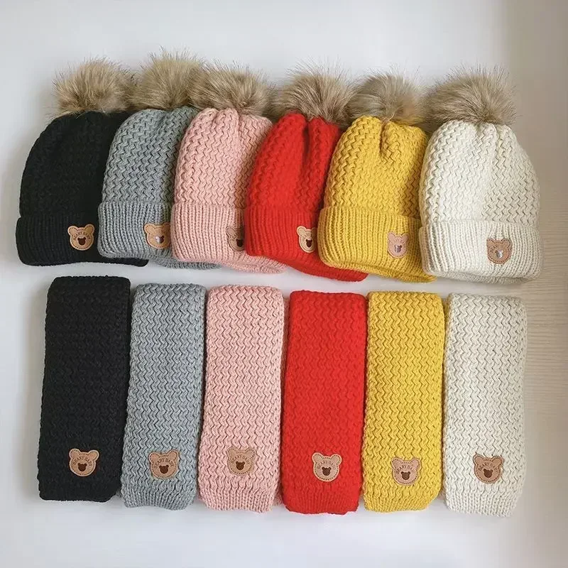 Warm Knitted Young Kids Beanie Scarf Set for Boy Girl Cute Cartoon Bear Crochet Bonnet for Toddler Autumn Winter Knitted Hat