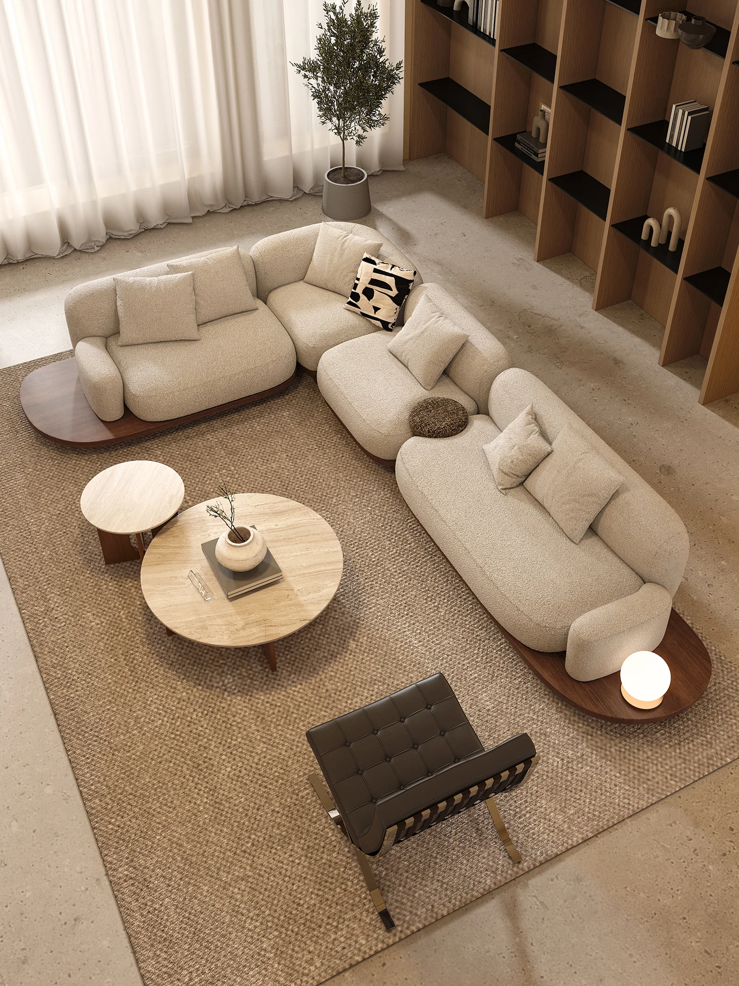 Beige Boucle Curved Corner Sofa L Shaped Modular Sectional Pillow Backrest Walnut Finish Base Deep Seat For Living Room
