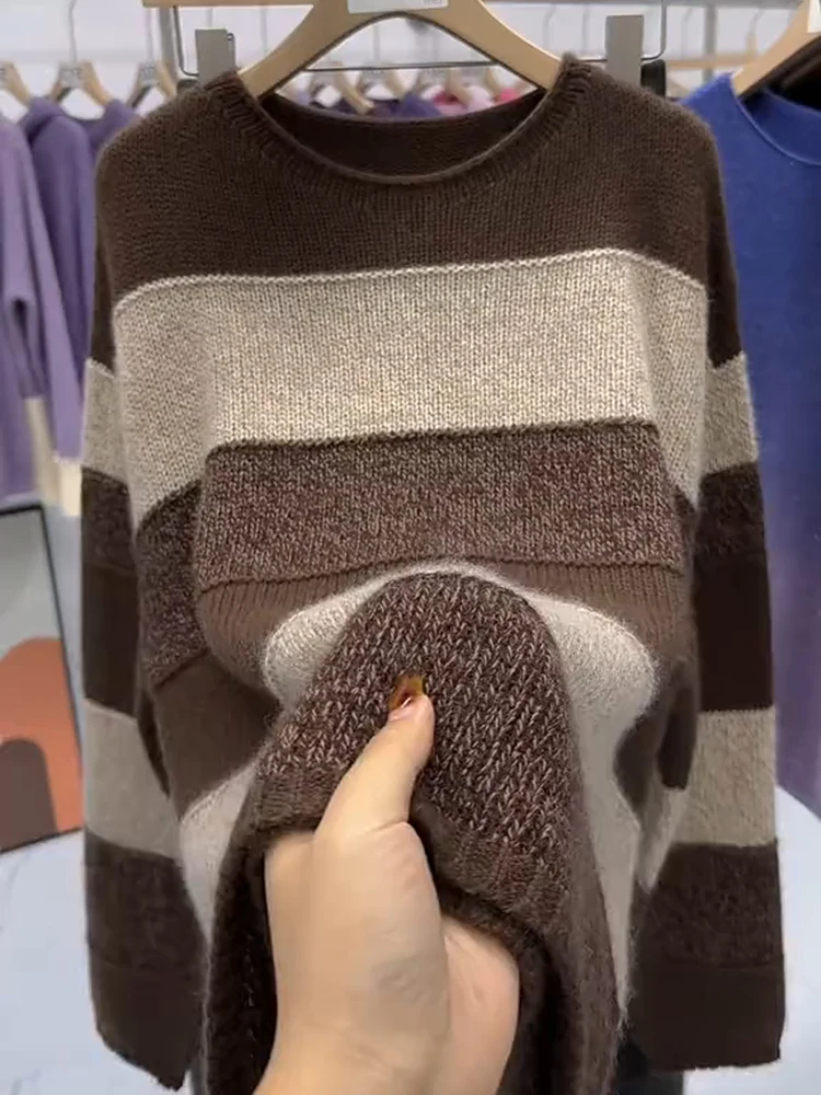 

Корейский вязаный свитер в полоску в стиле ретро, женский свободный утягивающий топ, цветная блузка, осеннее новое поступление, универсальный irt