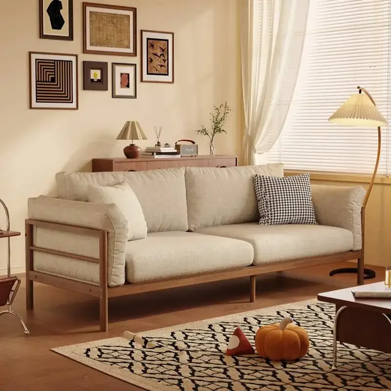 Small apartment living room double Japanese two-person Nordic three-person solid wood fabric rental home sofa