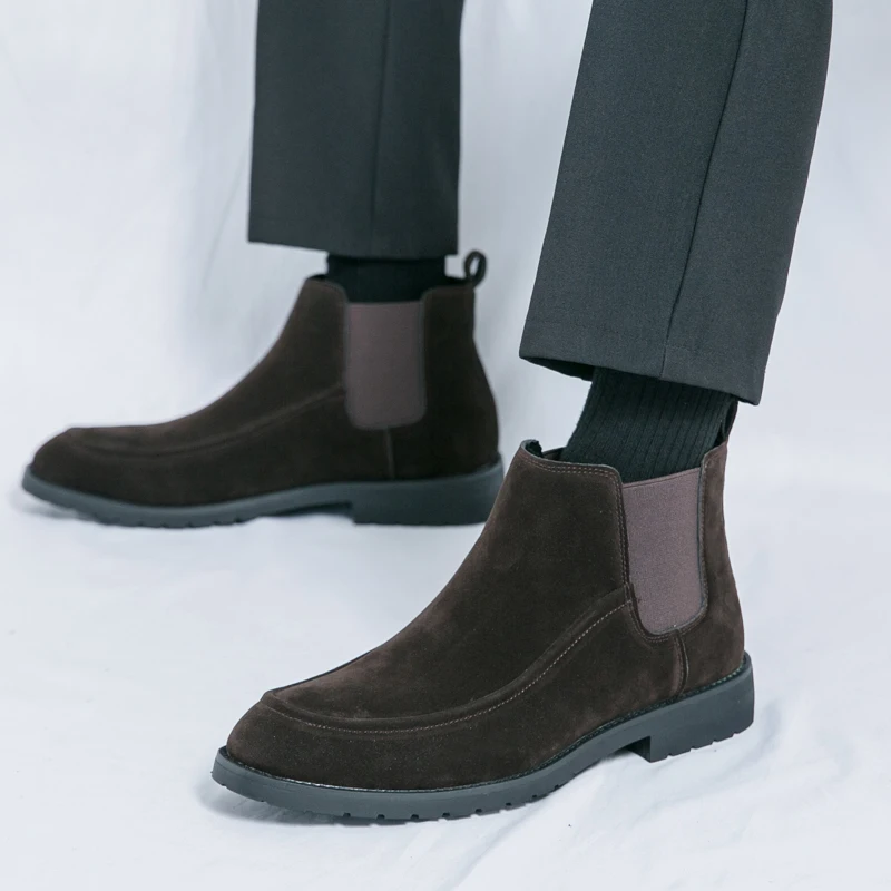 Fashion Chelsea Boots Men Plus Size 46 Slip On Suede Men Leather Boots Brown Bussiness Pointed Boots For Men Botas Masculino