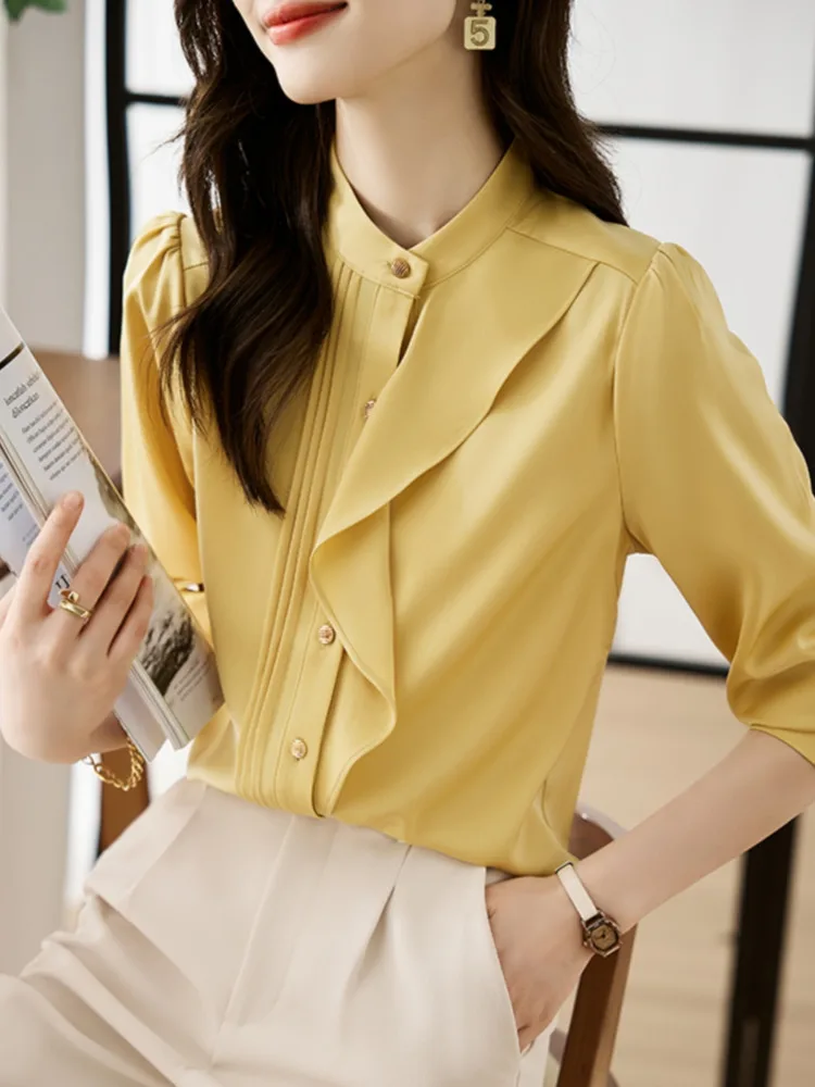 #3222 Yellow Office Shirts Stand Collar Split Joint Ruffles Chiffon Blouse Femme Long Sleeve Elegant Single Breasted Shirt Women