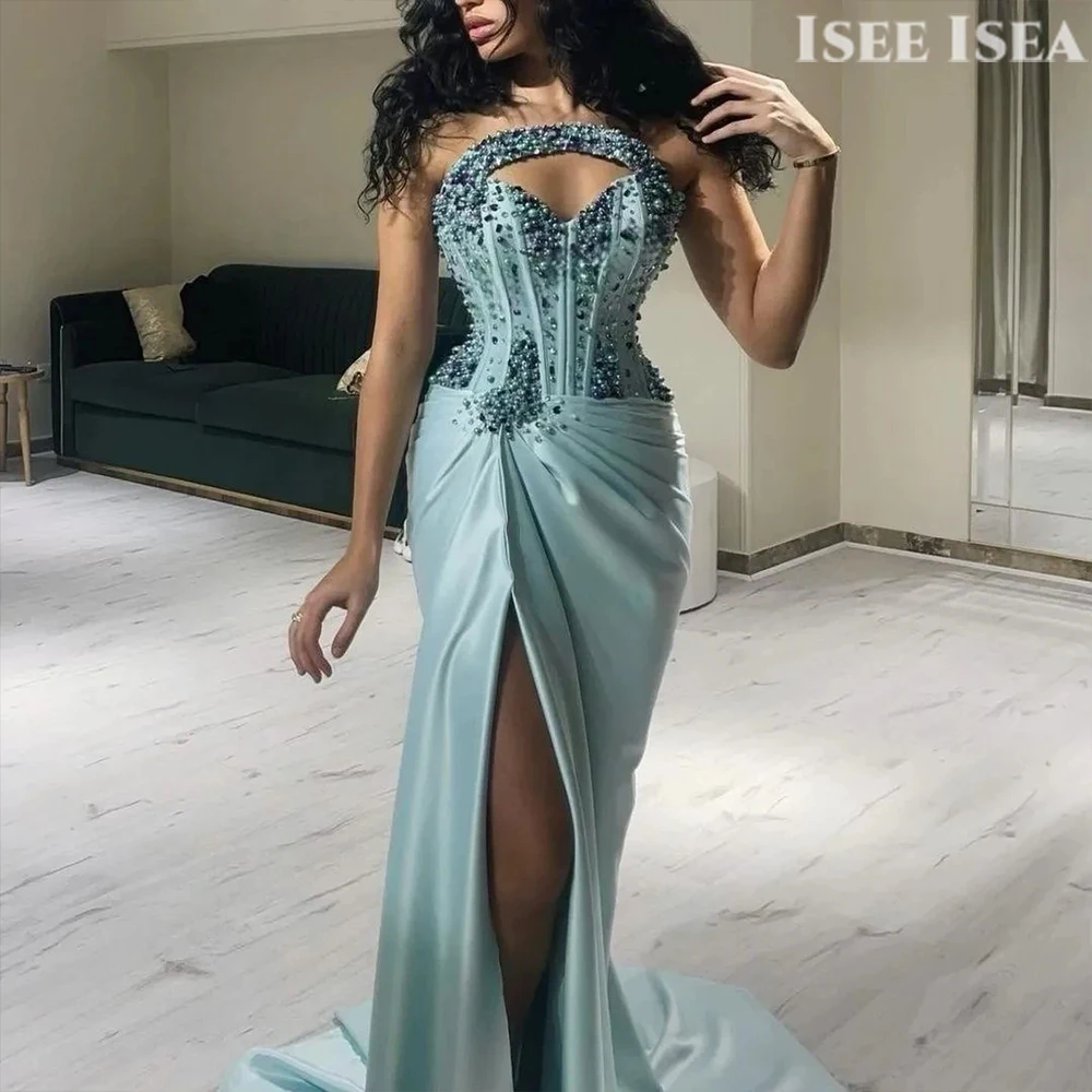 

Light Blue Evening DressSatin Rhinestone Beaded Strapless Cutout Sexy High Slit Mermaid 2026 Women's Prom Gown Customized