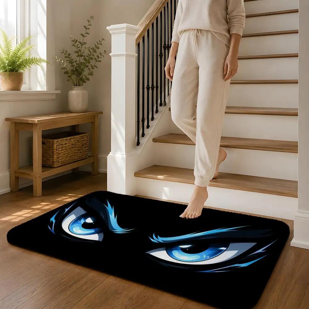 Blue Angry Eye Print Floor Mat Flannel Rug Non Slip Absorbent Soft Washable For Entryway Hallway Bathroom Kitchen Decor