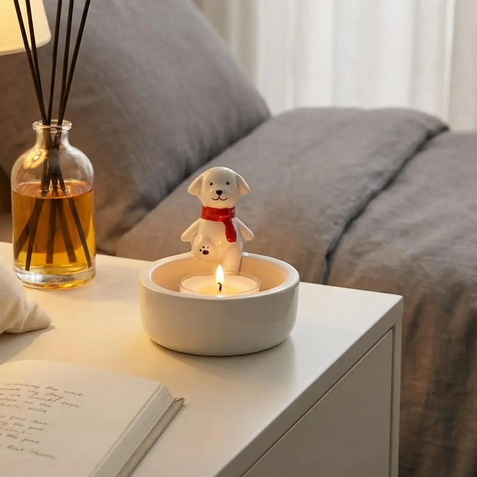 Ceramic Candle Holder Cute Dog Decorative Burner Tea Light Holders for Home Living Room Kitchen Office Dorm Meditation Yoga