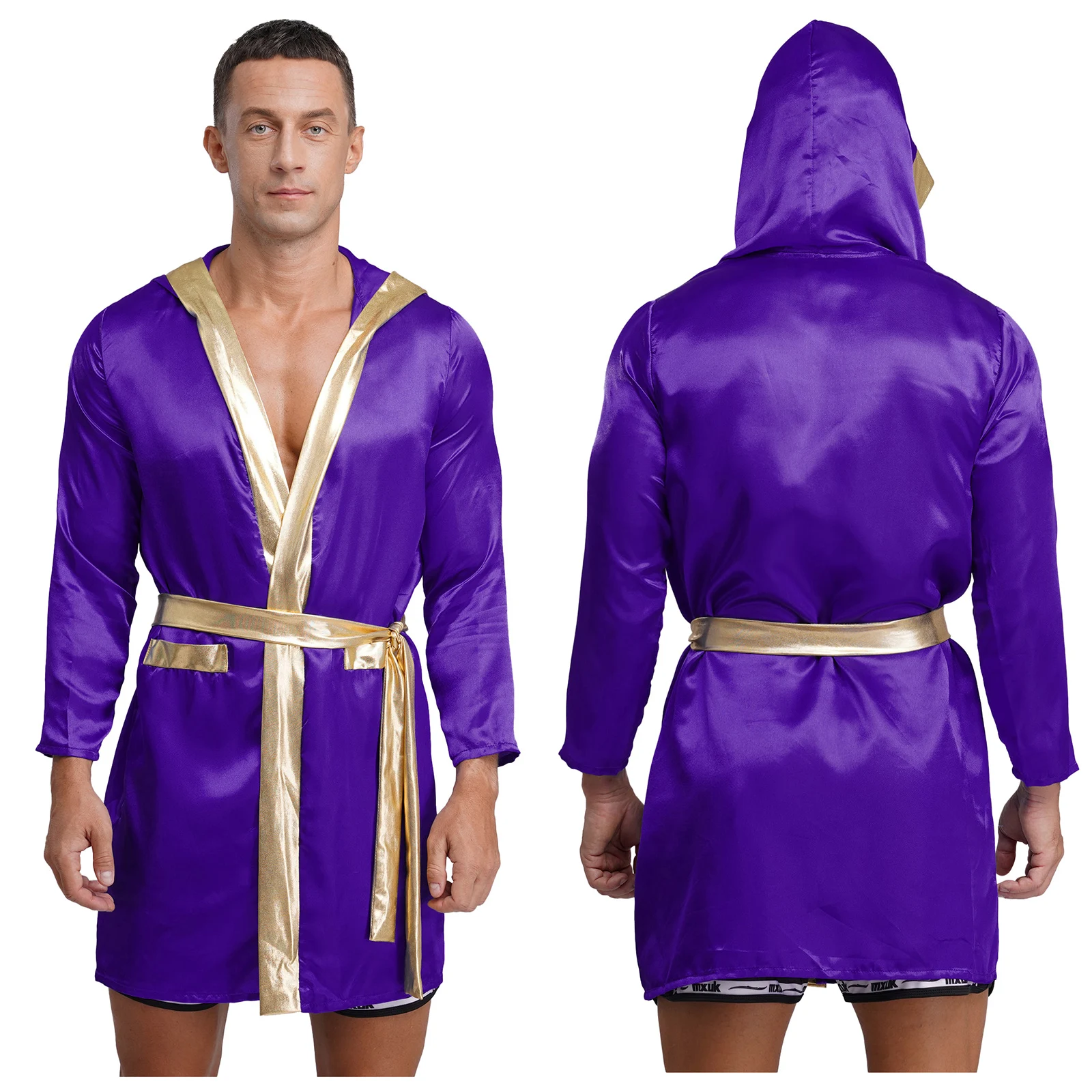 Mannen Halloween Carnaval Boxer Cosplay Kostuum Lange Mouw Open Voorzijde Metallic Glanzend Satijn Boksgewaad Kapmantel met Riem