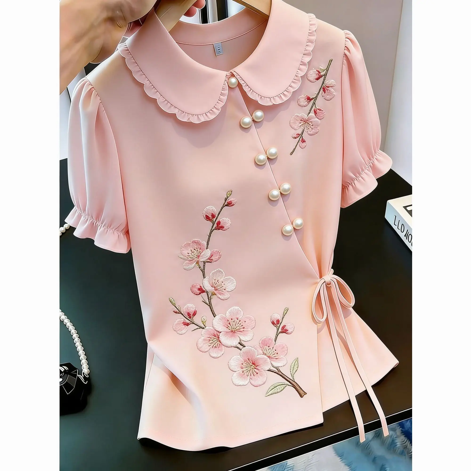 Chinese Style Embroidered Tie-up Shirt 2026 Summer Women Short Sleeve T-shirt Female Elegant Pink Shirt Office Lady Base Shirt