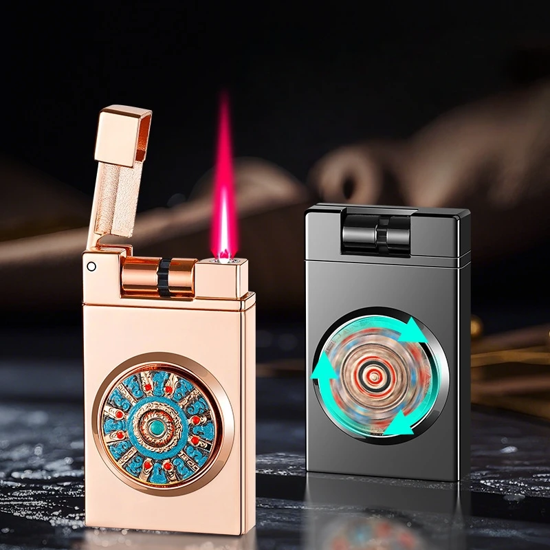 

New Type of Pressure Reducing Rotary Disc Straight Forward Red Flame Windproof Inflatable Lighter with Rotatable Drum Igniter