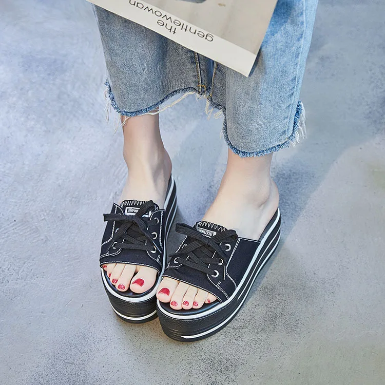 Fujin 9cm Canvas Women Platform Slippers Wedge Sandals High Heel Open Toe Slides Women Summer Shoes Outdoor Slippers