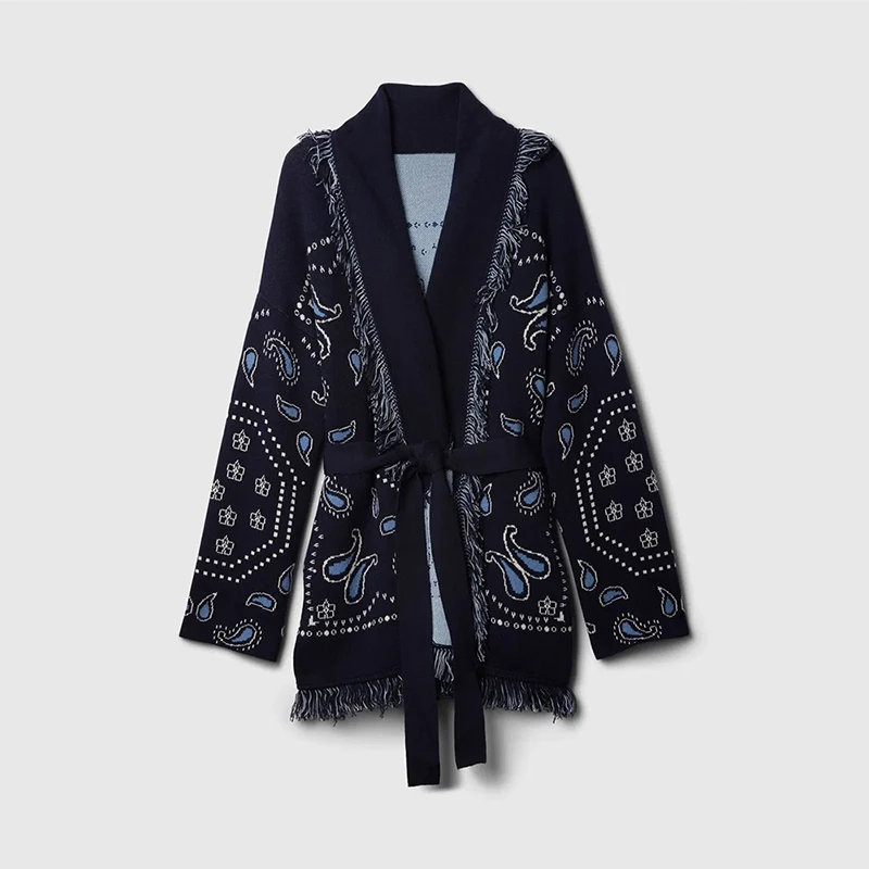 Vintage Kwasten Print Dames Print Vest V-hals Lace Up Volledige mouw Gesplitste truien 2025 Herfst Dame All-match Kintwears