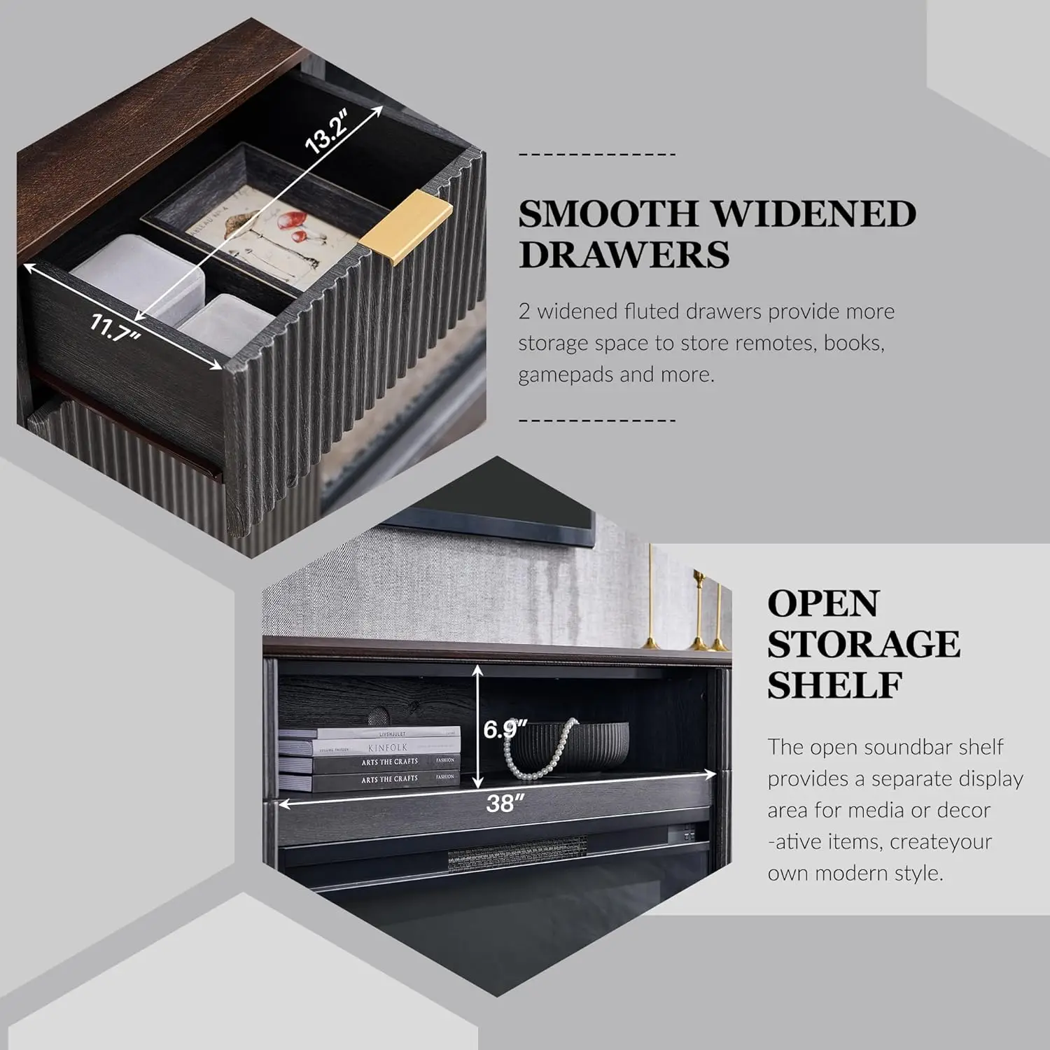 Suporte de TV com lareira canelada para TVs de até 80 polegadas, centro de entretenimento moderno com lareira elétrica de 36"