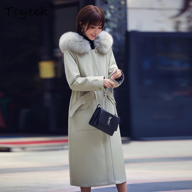 Tcyeek 가을 겨울 탈부착 가능한 수달 토끼털 안감 가을 겨울 고급 후드 롱 여성 파카 퍼 여성용