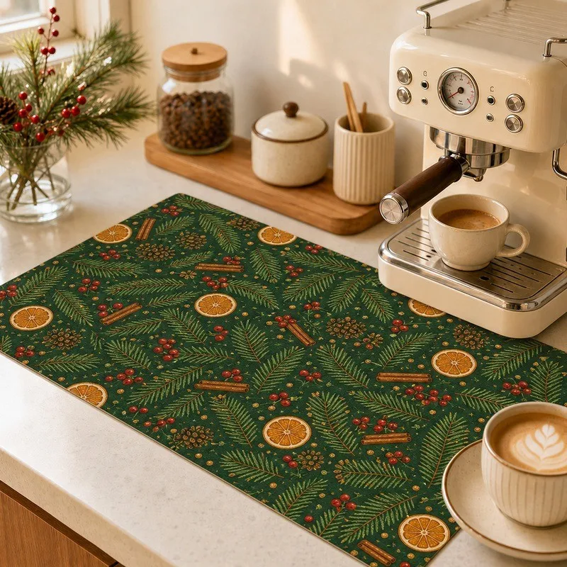 VIKAMA Diatomite Drying Mat Super Absorbent Quick Dry Non-Slip Heat Resistant Coffee Machine Christmas Pine Greenery