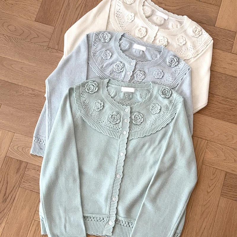 

Kawaii Knitted Cardigans Women Autumn Long Sleeve Cute Hand Crochet Flowers Decoration Loose Sweet Sweaters