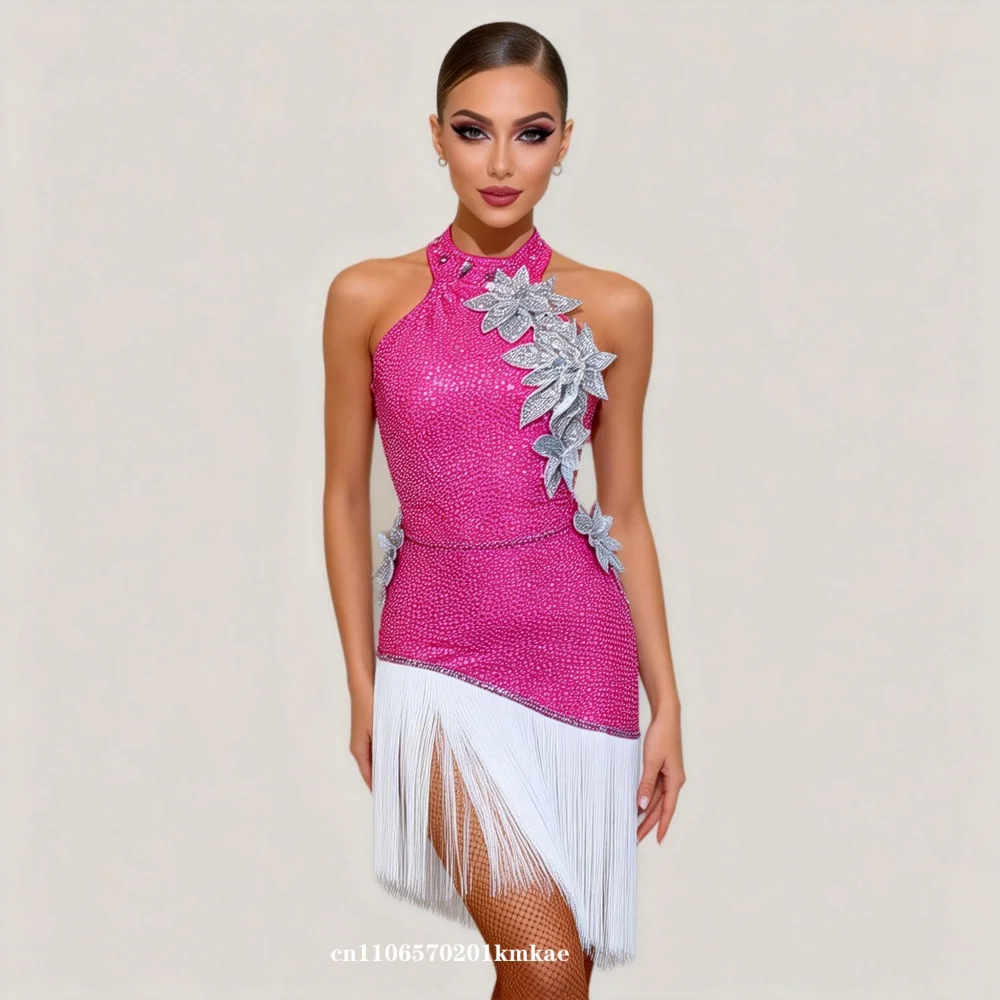 

Платье для латиноамериканских танцев для женщин, с декором из страз AB, для румбы, ча-ча-ча, танго, профессиональная одежда для выступлений на сцене, латинские платья на заказ