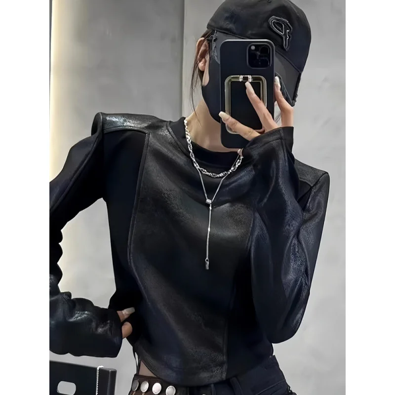 Retro Motorcycle Long Sleeve Women's T-Shirt Y2K Patchwork Design Solid Color Tops New Stylish High Street Clothing For Ladies