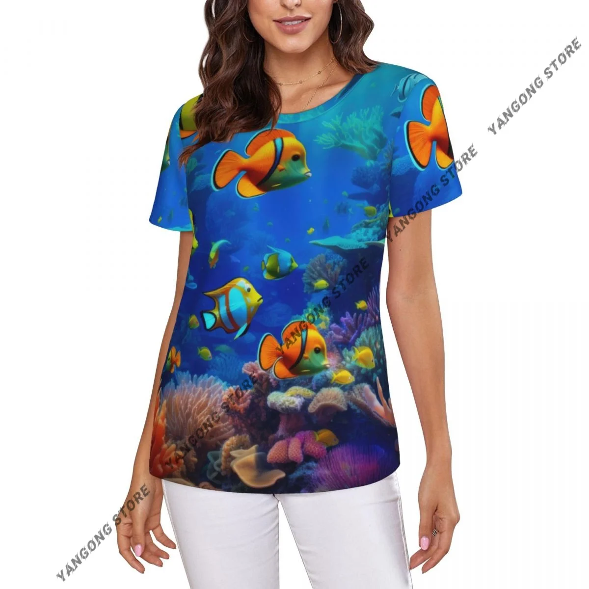 Women's T-shirt Underwater Tropical Fish Corals Tshirt Women Casual O-Neck Short Sleeve Tops Tees Clothing