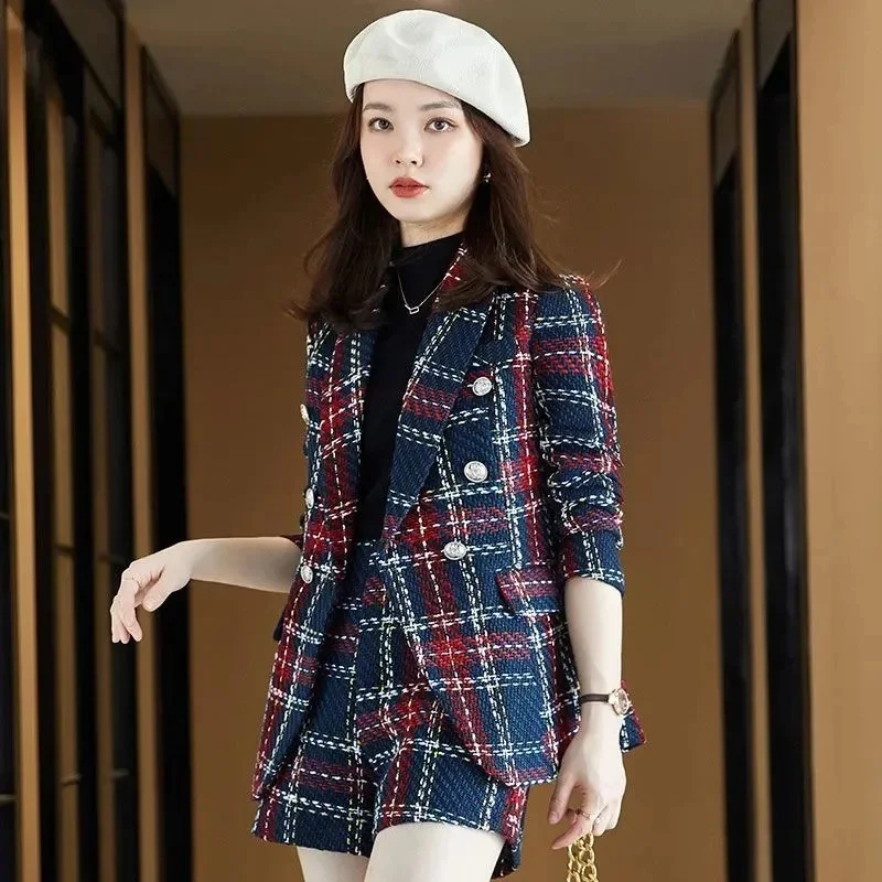High-end Socialite Xiaoxiangfeng Professional Suit Female 2023 Autumn Winter Wool Plaid Small Suit Jacket Shorts Two-piece Set X